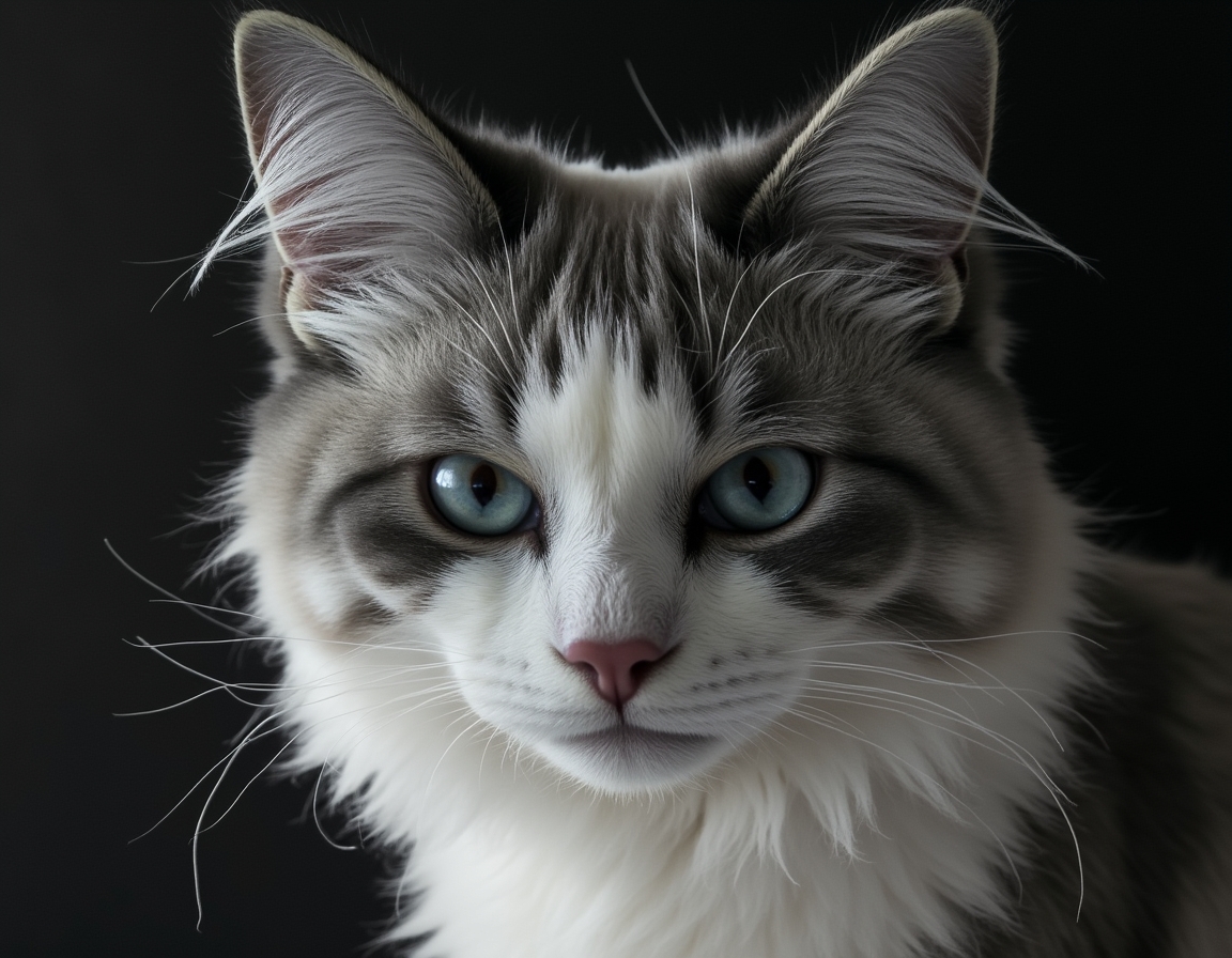Close-up black and white studio portrait of a cat’s face, lit with soft diffused light. Every whisker, eyelash, and fur strand is rendered in hyper-detailed monochrome.
